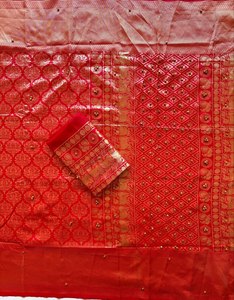 Premium Reglance Lichi Silk Jacquard Weaving <b>Red</b> Saree Original Gungroo Khatli Handwork Running <b>Blouse</b> Special Karwa Saree - Product Image 4
