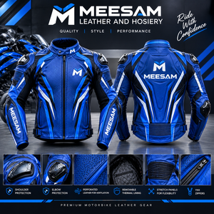Blouson de moto en cuir perforé bleu respirant coupe-vent avec protection renforcée - Product Image 1