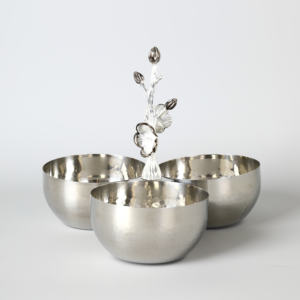Luxury Hammered Silver <b>3</b> Section Serving Bowl With Floral Branch Handle Elegant Metal Triple Nut Tray For Home Decor - Product Image 1