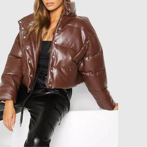 Chaqueta Corta Acolchada de Piel Sintética Marrón para Mujer, Abrigo Grueso y Cálido para Invierno - Product Image 4