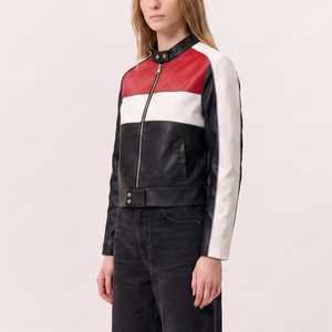 <b>Women's</b> <b>Racing</b> Leather <b>Jacket</b> Cropped Black Red White Moto <b>Jacket</b>, Genuine Sheep Leather Biker Outerwear Sporty Streetwear Style - Product Image 4