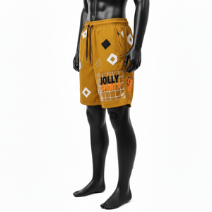 กางเกงขาสั้นผู้หญิงคุณภาพสูง 220 GSM ผ้าไนลอนผสม สีมัสตาร์ดทอง แต่งลายปะติดหลากหลาย พร้อมสกรีนโลโก้ตามสั่ง - Product Image 4