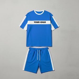 เสื้อยืดและกางเกงขาสั้นสตรีทแวร์ปักโลโก้ตามสั่ง ชุดเซ็ต 2 ชิ้นสำหรับผู้ชาย 2 โทนสี คุณภาพสูง ผ้าฝ้าย 100% ชุดเซ็ตขาสั้นสำหรับผู้ชาย - Product Image 4