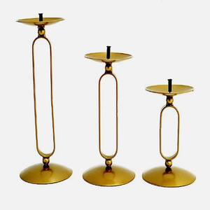 Gold Geometric Oval Metal Pillar Candle Holder Party Events Home Decorations Golden <b>Brass</b> <b>Candlestick</b> Holders Set of 3 - Product Image 1