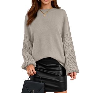 Custom Beige Women Oversized Sweaters Breathable <b>Acrylic</b> Balloon Sleeve Cable Knit High Quality Cozy Crewneck Jumpers - Product Image 1