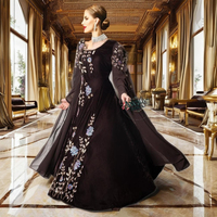 Abaya Caftan Longue en Chiffon et Velours, Modèle A-Line, Style Arabe, Modeste, Unie, avec Broderie Fantaisie, Paillettes et Cristaux, Longueur Ras du Sol