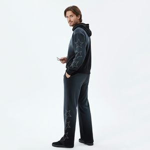 Custom Dark Grey Star Rhinestone Zip Hoodie & Flare Jogger Tracksuit Heavyweight 100% Cotton 400 GSM Fleece Tracksuit Unisex - Product Image 4