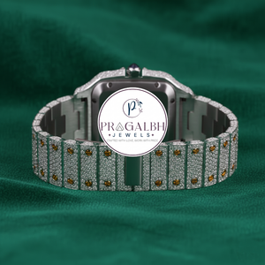 นาฬิกา Pragalbh Jewels ประดับเพชรเต็มหน้าปัด ตัวเรือนทองคำแบบกำหนดเอง หน้าปัดเลขโรมัน สายสแตนเลสสตีล สำหรับผู้ชาย - Product Image 4