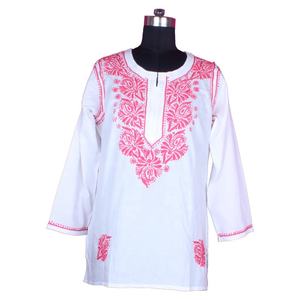 Indian Cotton White Chicken Embroidery <b>Women</b> <b>Tunic</b> <b>Dress</b> Handmade Lucknovi Chicken White Kurti Wholesaler Indian Designer Cotton - Product Image 1