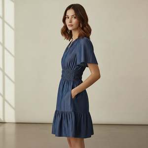Vestido Corto Elástico de Mezclilla de Algodón Índigo para Mujer con Mangas Cortas, Tejido Ligero y Estilo Moderno - Product Image 2