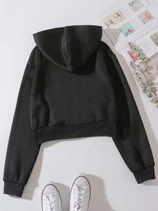 Sweat-shirt court zippé noir délavé pour femme, couleur personnalisée, avec broderie cerise, manches longues, style automne - Product Image 3