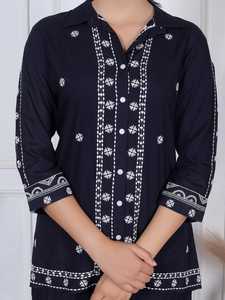 Ensemble coordonné de robes décontractées bleu marine pour femmes, haut brodé à boutons avec pantalon droit, tenue ethnique élégante - Product Image 5