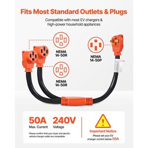 Cable adaptador divisor en Y para RV EV, 50 amperios, NEMA 14-50, 4 clavijas, 240V, NEMA 14-50P a doble salida 14-50R, Grip H - Product Image 3