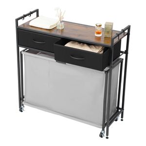 Trieur à linge roulant à 3 sections avec 2 tiroirs Crochets de table en bois pour le rangement des vêtements sales pour la salle de bain et la chambre à coucher - Product Image 1