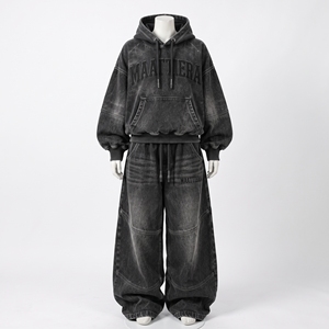 Conjunto de Sudadera con Capucha y Pantalones Anchos de Mezclilla Negra Lavada para Mujer, Estilo Urbano, Proveedor Mayorista OEM ODM Personalizado - Product Image 4