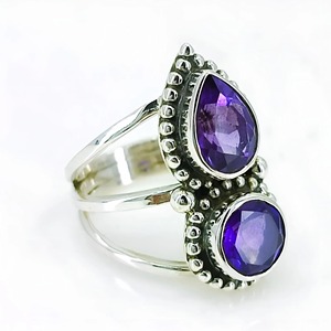 Amethyst <b>Ring</b> Handmade Sterling Silver Bezel Setting Natural Purple Pear & Round Gemstone <b>Boho</b> Jewelry February Birthstone - Product Image 1