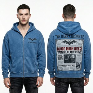 Custom Green Zip Up Hoodie Mens Acid Wash Graphic Sweatshirt Heavyweight Fleece Full Zip Hoody Vampire Throne Design Hoodie - Product Image 2