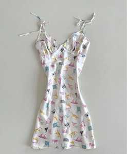 Robe mini camisole d'été |   Robe d'été à bretelles spaghetti imprimée et ludique, style bohème, à volants superposés, coupe droite, 100% coton, écologique - Product Image 6