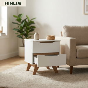 Scandinavian Modern Durable <b>White</b> Nightstand with 2 <b>Drawers</b> Midcentury Wood Legs <b>Storage</b> Bedroom Furniture - Product Image 2