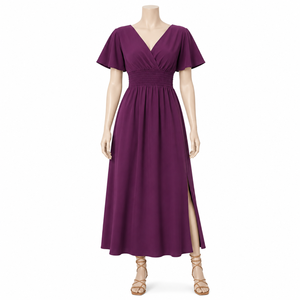 Robe longue violette pour femme à col en V et manches volantées |   Robe longue élégante décontractée pour soirée d'été avec taille froncée et fente latérale - Product Image 1