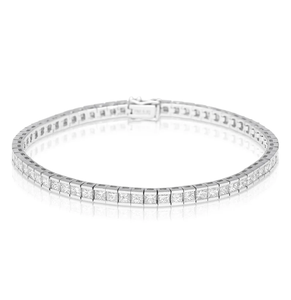 Bracelet tennis pour femme en acier inoxydable plaqué rhodium avec diamants taille princesse sertis en canal, design géométrique classique - Product Image 1