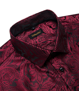 Chemises en polyester rouge uni à motifs paisley pour hommes, chemise habillée à manches longues pour mariage, bal de promo, vêtements de luxe pour hommes - Product Image 4
