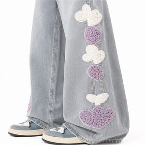 Jeans de mezclilla de cintura alta con parche de corazón estilo hip hop para mujer, holgados, de pierna ancha, elegantes, cómodos, modernos, transpirables, vintage, 100% - Product Image 5