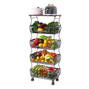 4 Tier Rolling Kitchen <b>Storage</b> Rack with Fruit <b>Baskets</b> and Wooden Top Mobile Pantry Organizer <b>Vegetable</b> Stand on Wheels - Product Image 1
