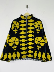Black Velvet <b>Mandarin</b> <b>Collar</b> <b>Jacket</b> With Yellow Floral Embroidery Vintage Style Zipper Closure Unisex Winter Coat - Product Image 1