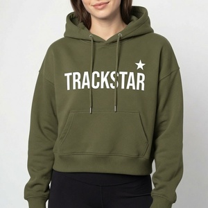 Black Cropped <b>Hoodie</b> Trackstar Printed Women's Pullover Heavyweight Fleece Streetwear Wholesale Apparel - Product Image 3
