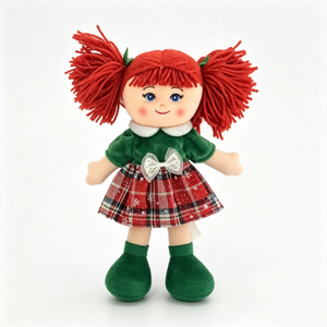 customized Top-down flat lay plush rag <b>doll</b>, bright red yarn double pigtails, rosy blush cheeks, blue eyes, gentle smile - Product Image 4