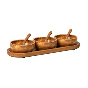 Ensemble de 7 bols à condiments en bois de manguier de qualité supérieure, faits à la main, comprenant 3 bols à trempette, 3 cuillères en bois et un plateau de service rectangulaire, vaisselle - Product Image 6
