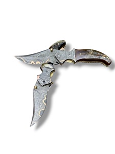 Couteau pliant en cuivre damas forgé à la main avec manche en corne de bélier et étui en cuir, couteau de chasse de poche EDC personnalisé CuMai - Product Image 4