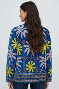 <strong>Royal</strong> <strong>Blue</strong> Velvet Cotton Suzani Embroidered <strong>Jacket</strong> <strong>Women</strong> Handmade Tropical Palm Floral Boho Ethnic Fashion Coat Wholesale - Product Image 4