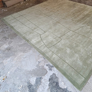 Alfombra de Lana Verde Hecha a Mano de Primera Calidad, Alfombra Moderna con Borde Geométrico, Decoración para el Hogar, Regalo - Product Image 3