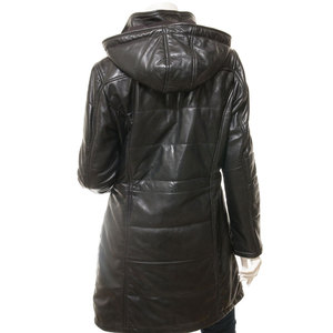 <b>Women</b> Genuine <b>Leather</b> Quilted Hooded <b>Long</b> <b>Jacket</b> Full Sleeve Zipper Closure Winter Outerwear OEM Wholesale Supplier - Product Image 3