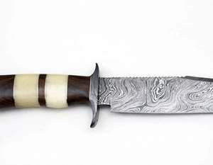 Couteau d'extérieur artisanal en acier Damas, manche en os de chameau et bois, double garde en acier - Product Image 6
