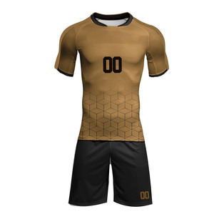 Ensemble de maillots de football personnalisés pour hommes, imprimé or et noir, sublimé, évacuation de l'humidité, 100% polyester, manches courtes, col rond - Product Image 1