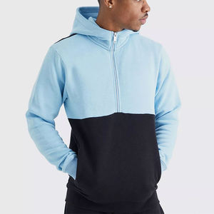 Sudadera con capucha casual para hombre, azul cielo y negro con bloques de color, media cremallera, de algodón y forro polar, con logo personalizado, estilo urbano. - Product Image 3