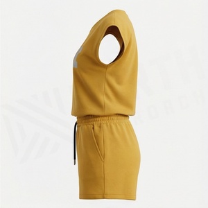 Ensemble tricoté 2 pièces pour femme : T-shirt sans manches et short au-dessus du genou, motif lettres, jaune uni, en coton, tenue décontractée pour le printemps - Product Image 3