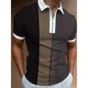 Men's Geometric Color Blocked Zipper <b>Polo</b> Shirt Short Sleeve Knitted Sporty Style Regular Fit Black <b>White</b> Design - Product Image 6