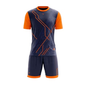 Ensemble de maillots de football pour hommes, manches courtes, col en V, uni, bleu marine, orange, respirant, en polyester, pour adultes, toutes saisons, personnalisable - Product Image 1
