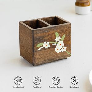 Handcrafted Wooden Cutlery <b>Holder</b> with 2 Compartments and Hand Painted Floral Design Rustic <b>Utensil</b> Organizer Stand for <b>Kitchen</b> - Product Image 2