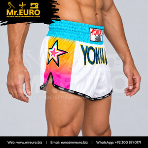 กางเกงมวยไทย MMA สำหรับผู้ชาย พิมพ์ลายแบบ Sublimation Transfer ด้านหน้า โพลีเอสเตอร์ 100% แห้งเร็ว ระบายอากาศได้ดี สีขาวน้ำเงิน 160 กรัม แบบสั่งทำพิเศษ - Product Image 6
