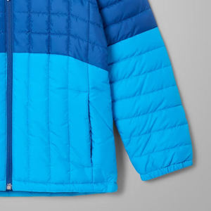 Blue <b>Hooded</b> <b>Puffer</b> <b>Jacket</b> Color Blocking Zipper Closure Windproof Winter Coat <b>Men</b> Casual Regular Fit Polyester Wadding - Product Image 4