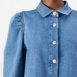 Robe chemise sans manches en dentelle froncée bleue pour femmes OEM Vêtements de mode trapèze pour femmes Vente en gros pour exportation BD - Product Image 4