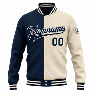 Chaqueta Universitaria para Hombre SINEWY, Color Azul Marino y Crema, Bloques de Color, Nombre y Número del Equipo Personalizados, Estilo Preppy, Cuello Camisero, Material de Poliéster - Product Image 2