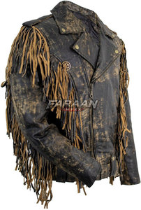 Distressed <b>Brown</b> Genuine <b>Leather</b> Fringe Stand Breathable Western Cowboy Vintage Biker Motorcycle Tassel <b>Jacket</b> Rugged Custom - Product Image 4