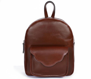 Minimalist Genuine Leather Women's Mini <b>Backpack</b> Brown Round Shape Shoulder Strap Zipper Closure Daily Use Softback - Product Image 1