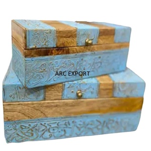 Joyero de exhibición de lujo decorativo de diseño grande de Metal de madera elegante última línea Ware caja de joyería de mesa de Color azul y marrón - Product Image 1